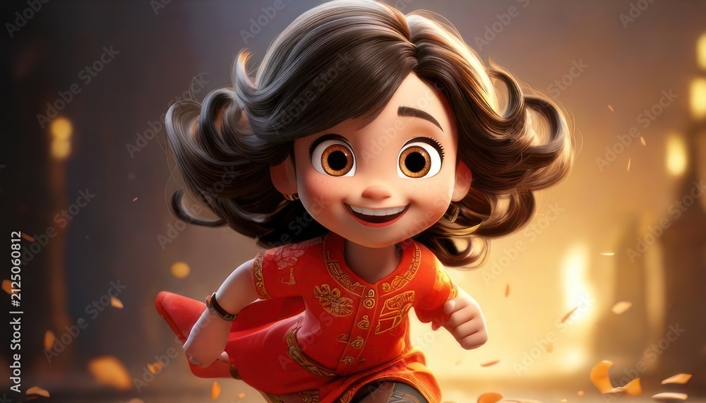 Fototapeta premium Animated Girl Running with Joyful Expression in a Vibrant Setting.
