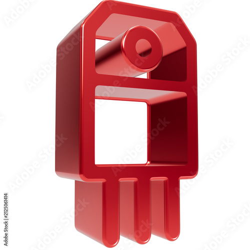 Fotografie Glossy red 3 d tag with three prongs and circular hole feature isolated on a tra