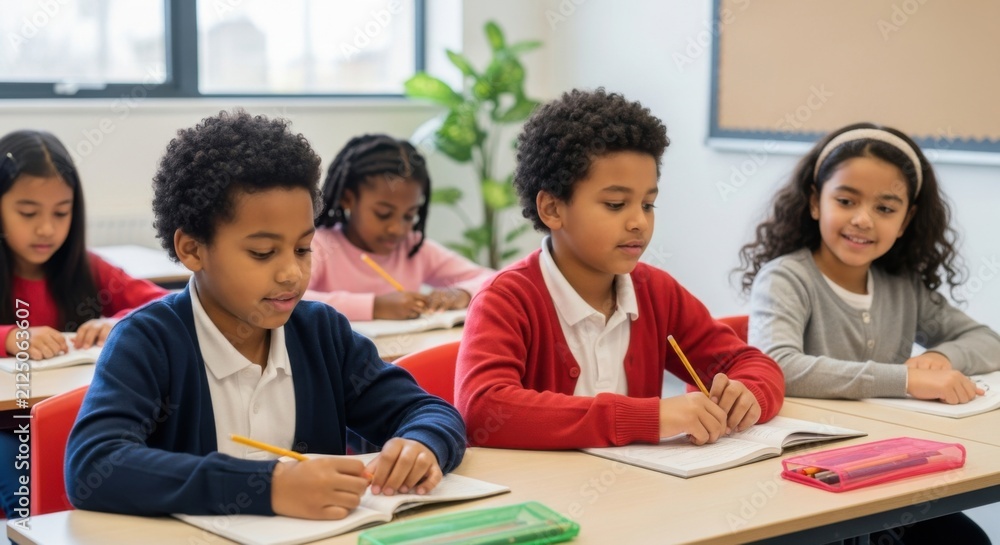 Obraz premium Diverse Children Focused on Learning in a Classroom Setting