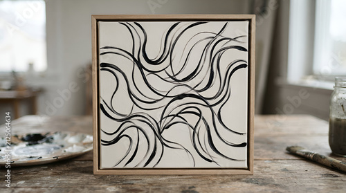 Minimalist black and white line art painting. Abstract ink drawing on canvas in wooden frame.