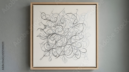 Minimalist line art painting in wooden frame. Abstract black ink drawing on white canvas.
