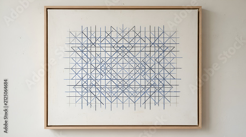 Minimalist oil painting with geometric line art. Abstract blue grid pattern on canvas.