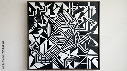 Black and white geometric oil painting. Abstract modern art canvas with intricate patterns.