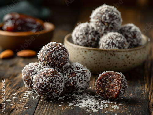 Homemade chocolate date and coconut energy balls with almonds, styled on a rustic wooden table in warm moody light, with one cut open to reveal the dense texture.