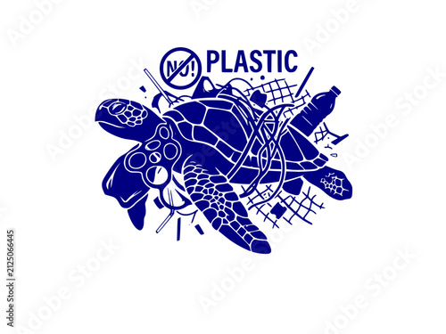 Sea Turtle Plastic Pollution Ocean Crisis Silhouette Sticker. Marine Life Environmental Protection Icon Isolated.