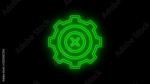 Modern animated neon settings error icon featuring a glowing gear with an X symbol on a black background. Represents configuration failure, system error, settings issue, software malfunction, technica