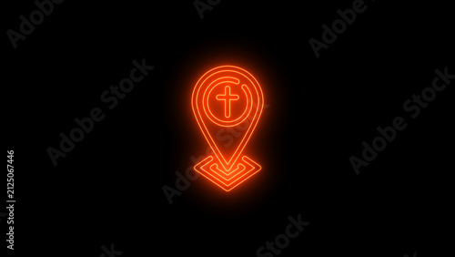 Modern animated neon Christian church location pin icon featuring a glowing map marker with a cross on a black background. Represents church location, place of worship, Christian navigation, religious