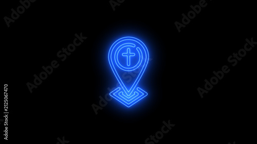 Modern animated neon Christian church location pin icon featuring a glowing map marker with a cross on a black background. Represents church location, place of worship, Christian navigation, religious