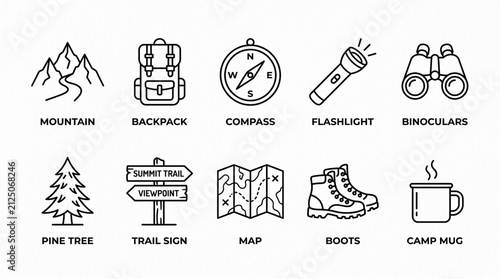 Set of ten linear icons representing hiking and outdoor camping adventure equipment.