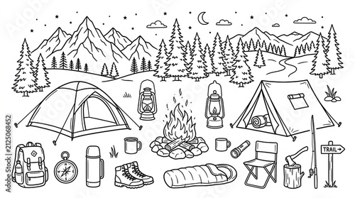 Hand drawn doodle set of camping equipment and outdoor nature landscape elements.