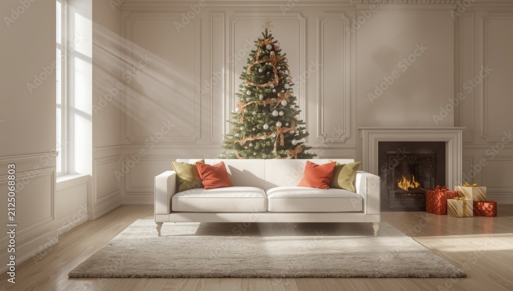 Fototapeta premium Cozy Living Room with Christmas Tree and Gifts by the Fireplace in Soft Natural Light