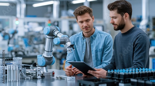 Engineers work together in a factory observing a robotic arm and reviewing data on a tablet during daytime hours