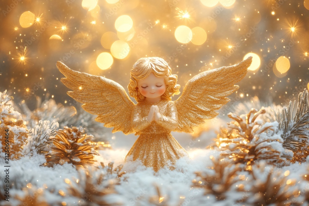 Fototapeta premium Golden angel figurine praying in winter snow