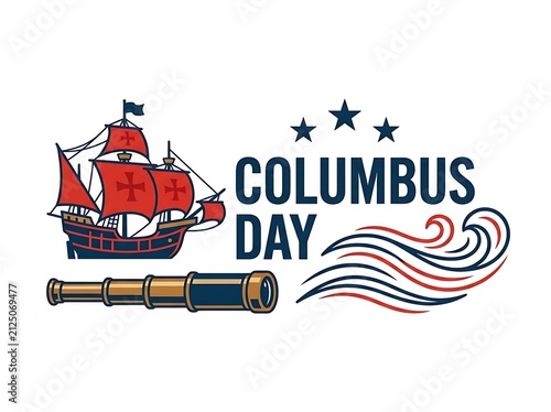 Columbus day celebration design with vintage sailing ship telescope and decorative ocean wave graphic elements