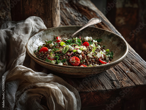 Rustic lentil salad with cherry tomatoes, leafy herbs and crumbled white cheese in a ceramic bowl on a weathered wooden table.
