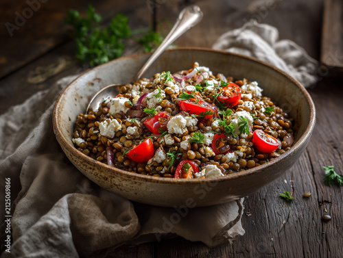 Rustic lentil salad with cherry tomatoes, crumbled white cheese, red onion and fresh herbs in a ceramic bowl on a weathered wooden table.