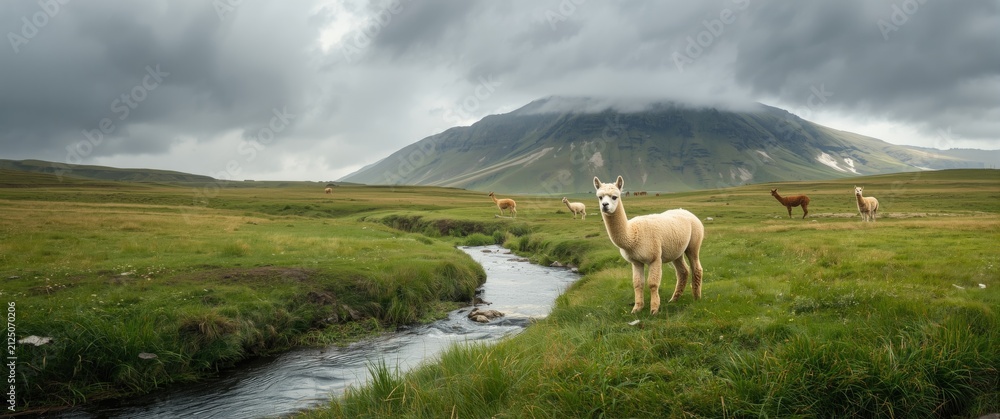 Fototapeta premium Alpaca Standing by a Stream in Green Pasture with Mountains Under Cloudy Sky