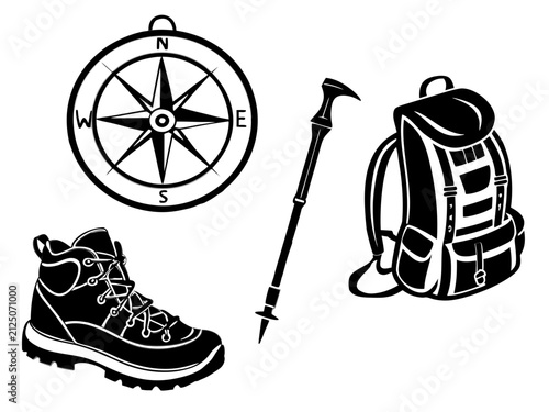 Four outdoor adventure objects hiking boot, compass, trekking pole, and mountain backpack. Black monochrome vector silhouettes on pure white, arranged in a clean grid, equal spacing, strong 