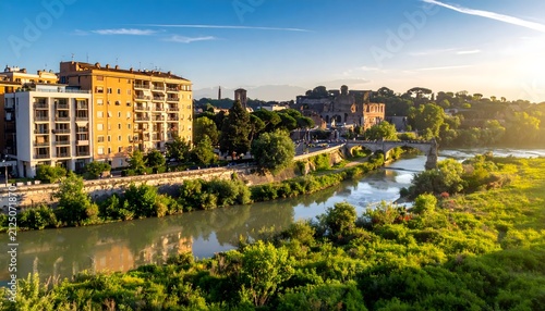 Cityscape with River, Bridge, and Historic Ruins at Golden Hour