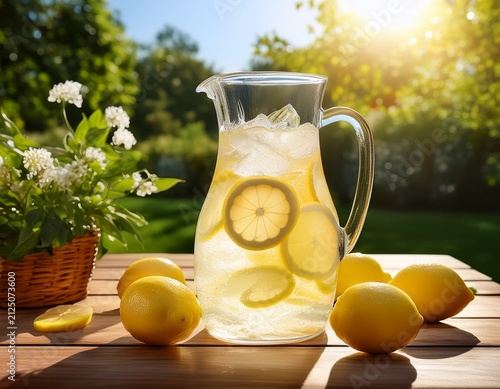 fresh lemonade pitcher with ice and lemon slices on a garden table on a sunny day