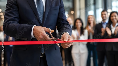 Businessman cutting red ribbon at grand opening ceremony