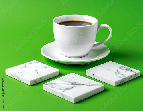 Coffee Cup and Marble Coasters on Green Background