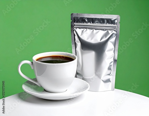 Coffee Cup and Metallic Pouch on Green