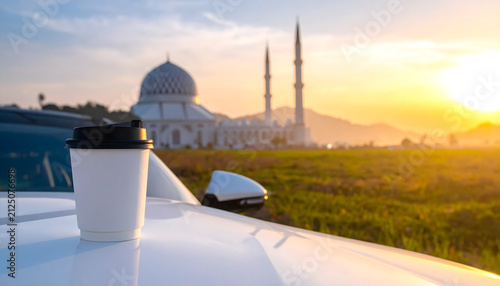 Coffee Cup on Car Hood at Golden Hour with Mosque