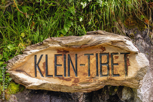 The sign of Little Tibet on the walk along the Zillergrund Lake, as the area at the end of Zillergrund Lake is called