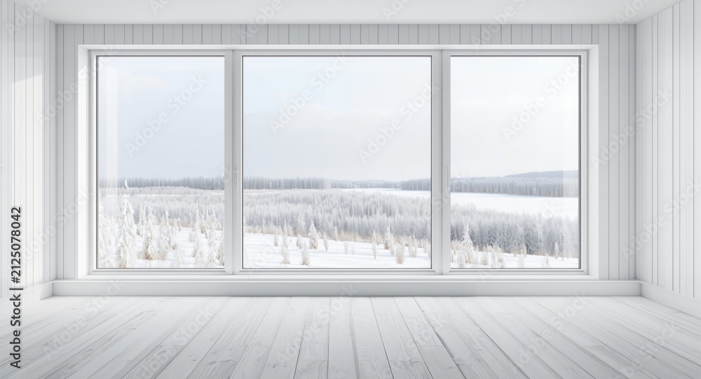 Fototapeta premium Modern Interior with Large Windows Overlooking Snowy Landscape in Winter Light