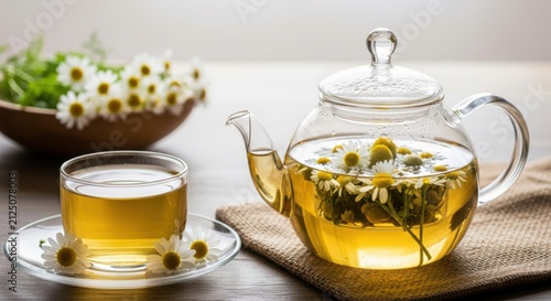 Steaming Herbal Chamomile Tea in a Glass Teapot and Cup