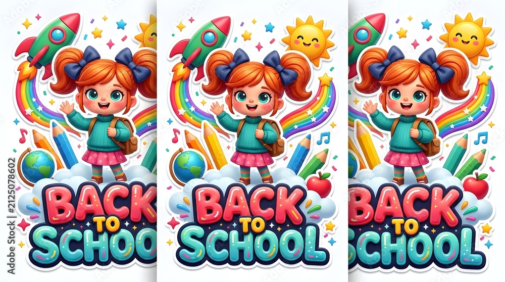 Fototapeta premium Cartoon Schoolgirl Waving with Rainbow Rocket Back to School Illustration