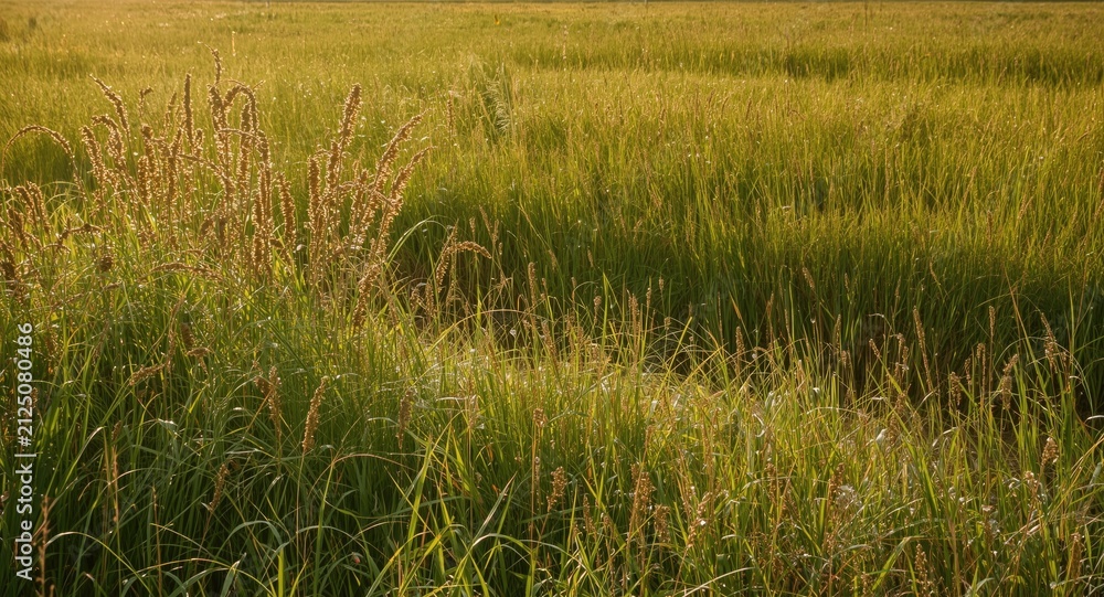 Fototapeta premium Golden Rice Fields with Tall Grass Under Soft Evening Light
