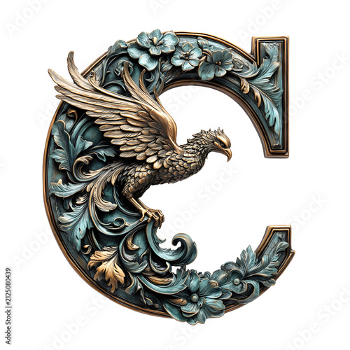 Ornate Letter C with Eagle and Floral Decoration