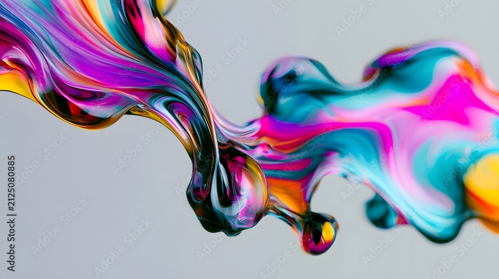 Obraz premium Vibrant swirling liquid colors flow dynamically against a soft gray background creating an abstract and fluid visual effect