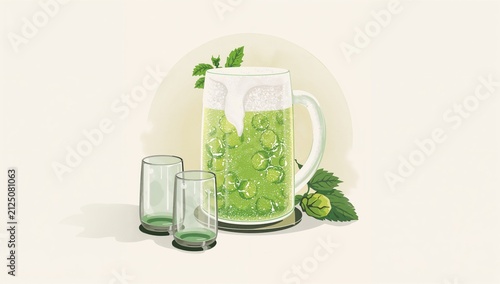 Mug of Green Drink with Mint Leaves Next to Two Glasses on Light Background