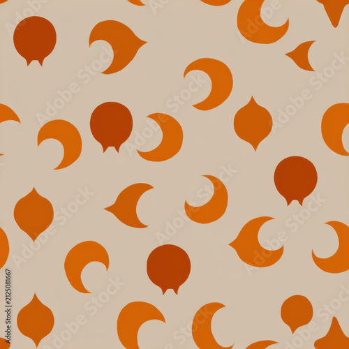 Orange crescent moon pattern on beige background for minimalist winter wallpaper and seamless textile design with warm abstract repeat