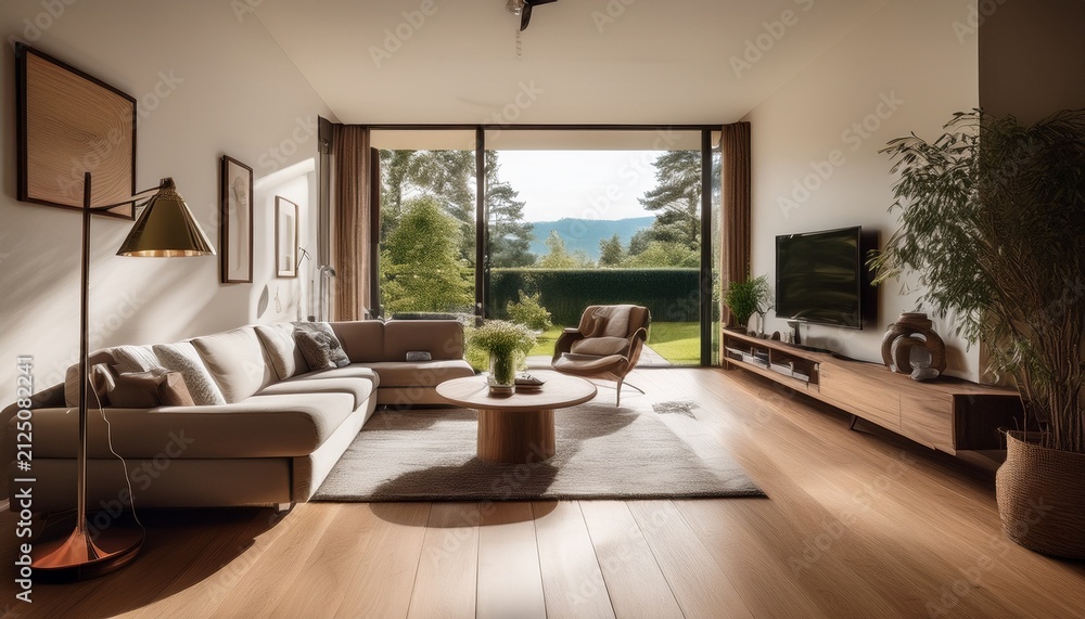 Fototapeta premium serene living room captured in one point perspective