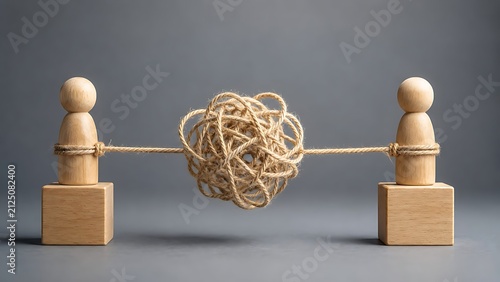 Complex Business Problem Solving And Conflict Concept With Tangled Rope Between Wooden Figures