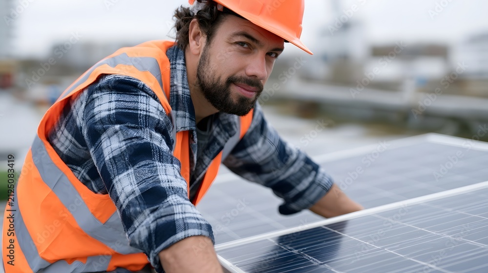 Fototapeta premium A man wearing an orange hard hat and safety vest leans over a solar panel on a rooftop under cloudy skies