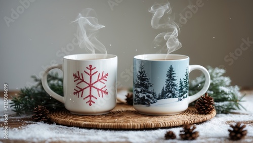 Steaming Mugs of Hot Beverage on a Winter Table with Pine Cones and Snow