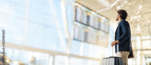 A man strolls through the airport during the day, wheeling his suitcase behind him while glancing up at the departure board displaying flight information