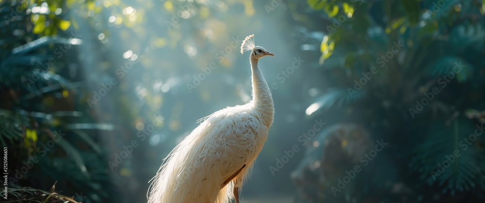 Obraz premium White Peacock Standing in Sunlit Forest with Soft Greenery