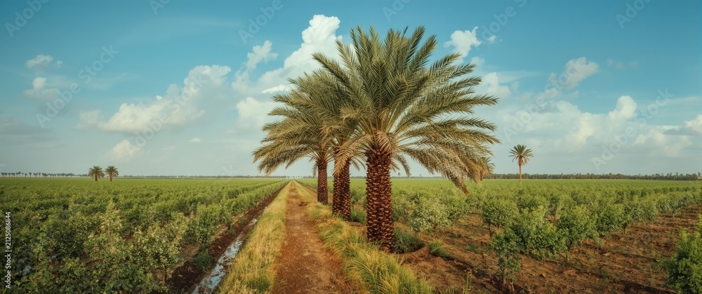 Obraz premium Row of Palm Trees Lining a Pathway through Vineyards under a Blue Sky