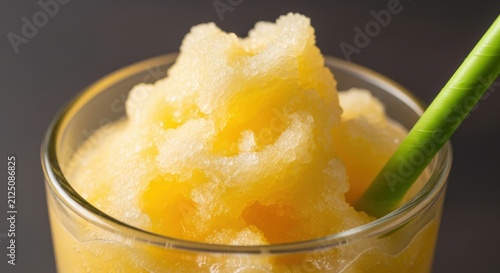 A refreshing glass filled with icy pineapple slushy features a vibrant green straw for sipping during the warm summer months while providing a delicious and cool tropical treat for every person