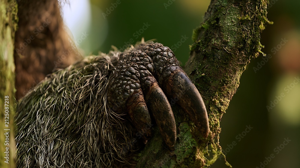 Fototapeta premium Close up of a three toed sloth claw gripping a tree branch in the wild.