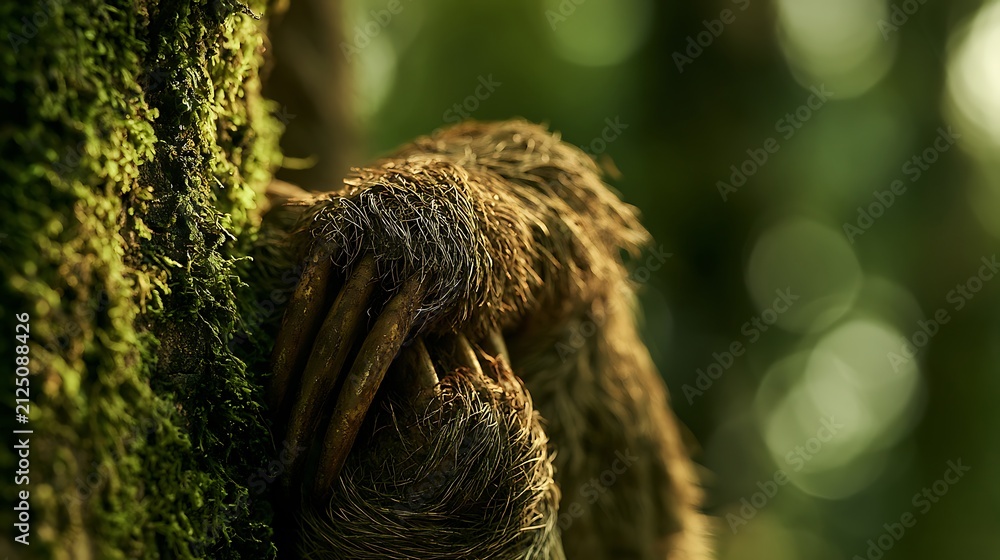 Naklejka premium A sloth clinging to a mossy tree trunk in the rainforest.