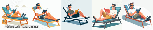 Flat vector illustration of a man relaxing and reclining on a beach chair, reading a book in a summer vibe