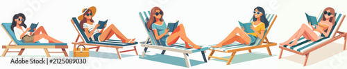 Fotografie Flat vector illustration of a woman relaxing and reclining on a beach chair, rea