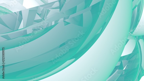 Blue-green 3d abstract background of curved lines or glass spheres.